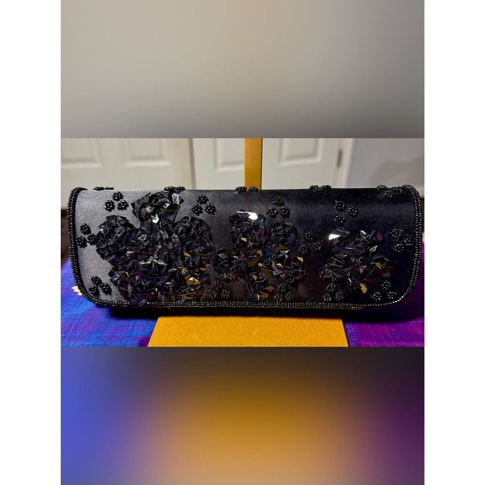 NWOT Handcrafted Black Satin Beaded Floral Shoulder Bag